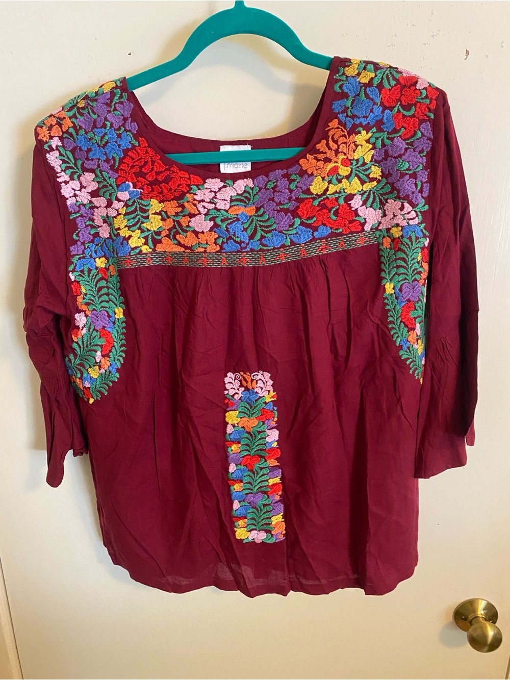 Embroidered Maroon Boho Tunic by j. marie with Floral Yoke
